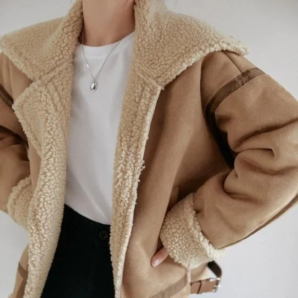 khaki zip up teddy lined coat casual streetwear fall winter - Picture 2 of 8